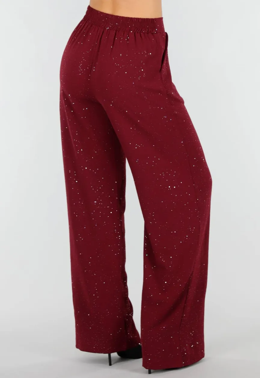 Bordeauxrode Linnenlook Glitter Pantalon met Stretchband