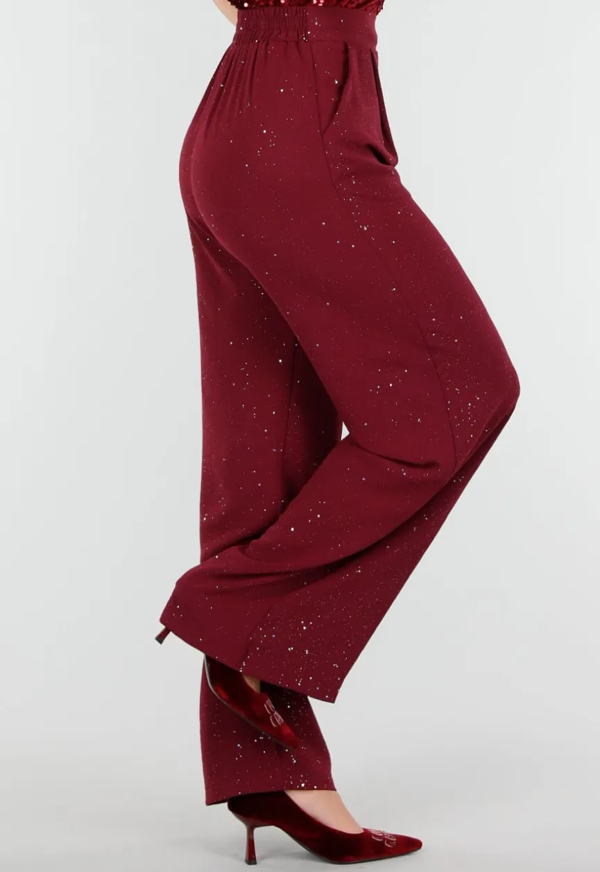 Bordeauxrode Linnenlook Glitter Pantalon met Stretchband