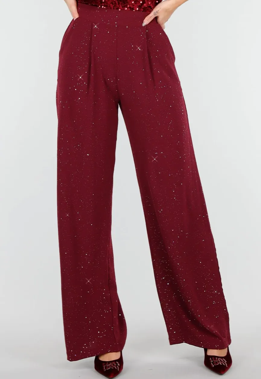 Bordeauxrode Linnenlook Glitter Pantalon met Stretchband