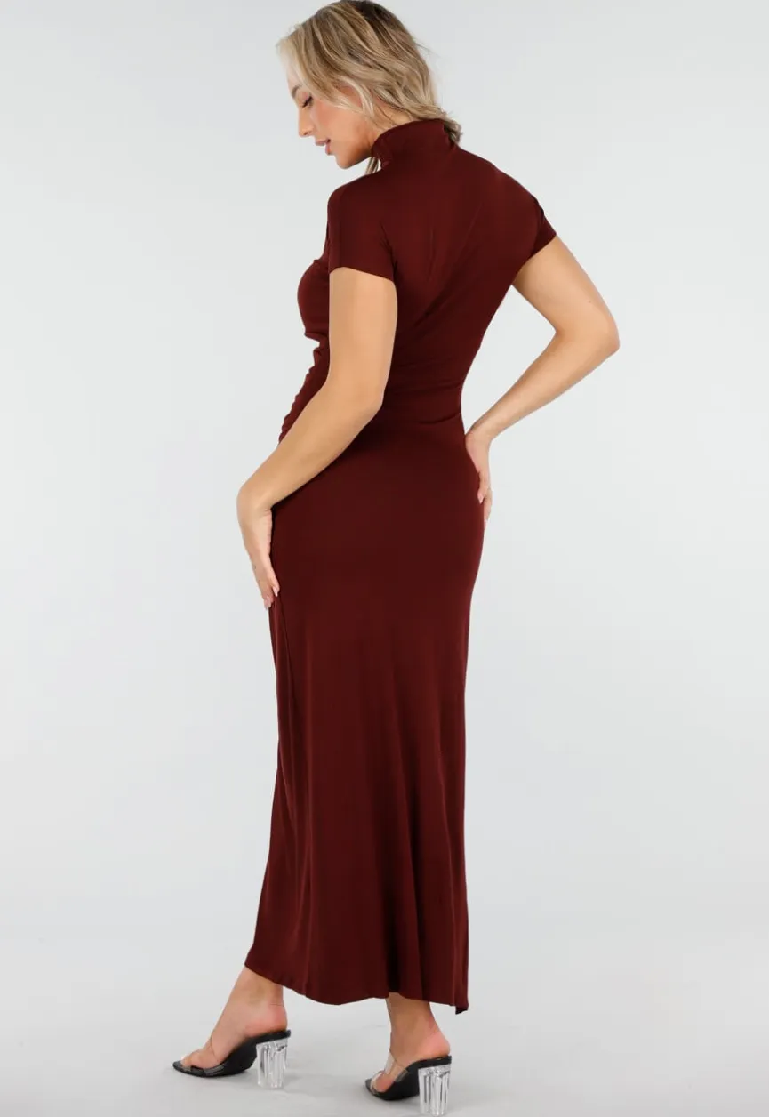 Bordeauxrode Maxi Jurk met Col en Split