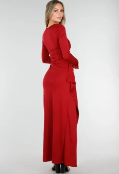 Bordeauxrode Maxi Jurk met Vierkante Hals en Split in Stretch