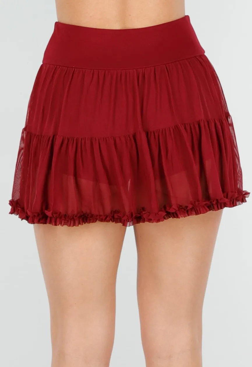 Bordeauxrode Mesh Skort met Short, Stretch en Ruffle Rand