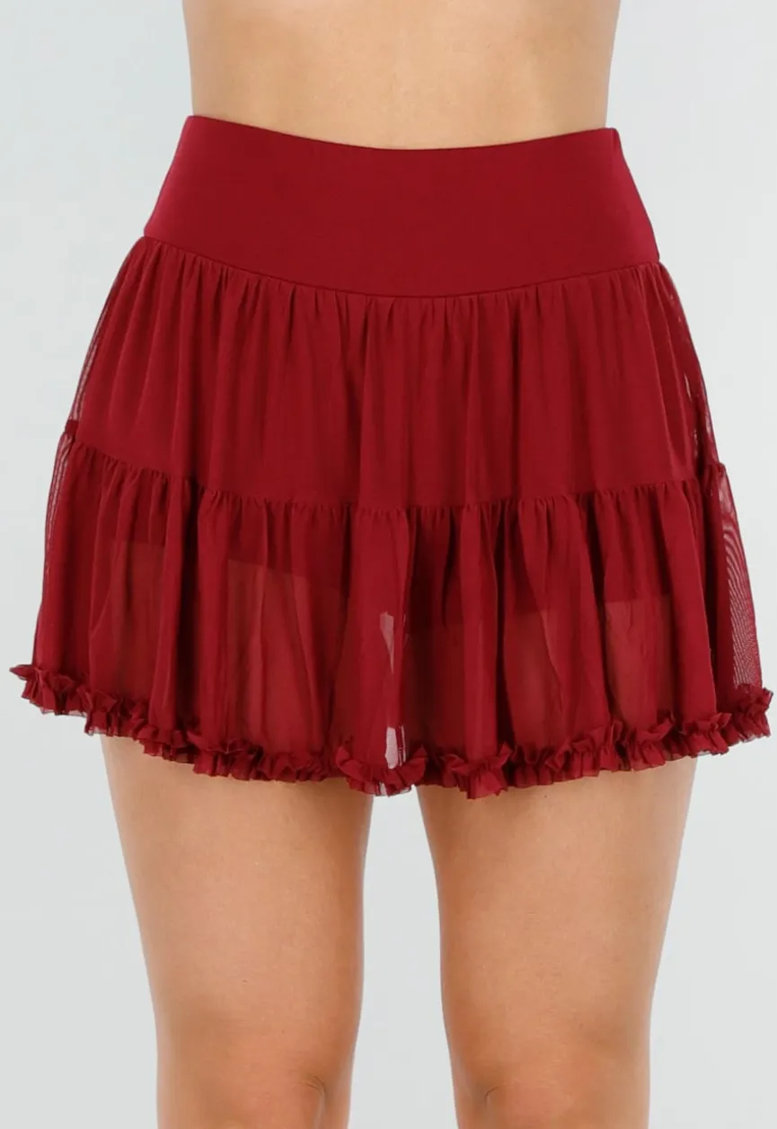 Bordeauxrode Mesh Skort met Short, Stretch en Ruffle Rand