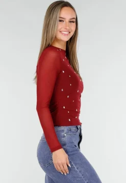 Bordeauxrode Mesh Top met Studs