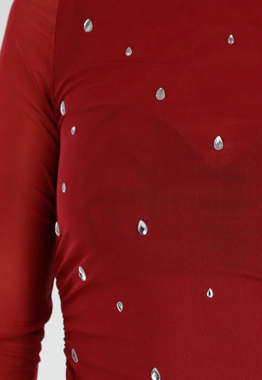 Bordeauxrode Mesh Top met Studs