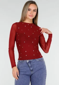 Bordeauxrode Mesh Top met Studs