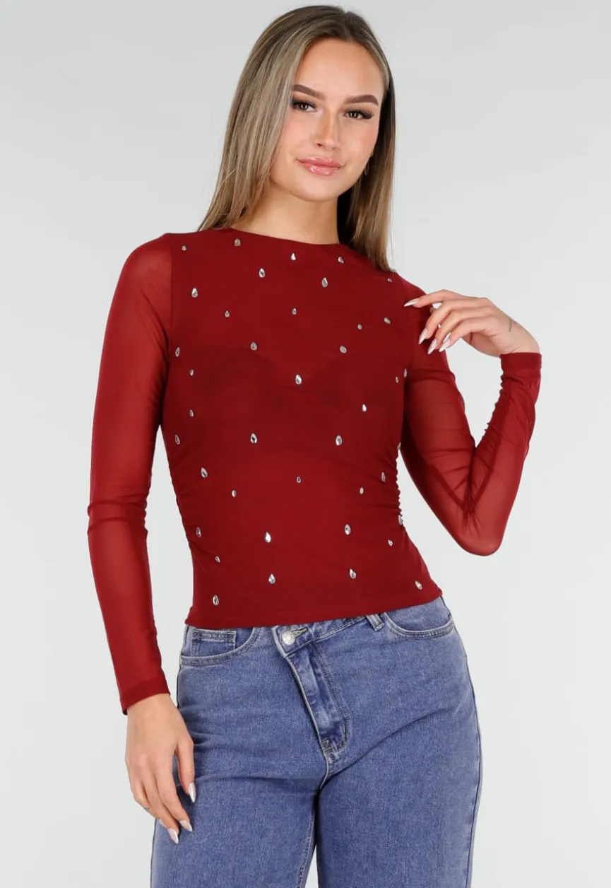 Bordeauxrode Mesh Top met Studs