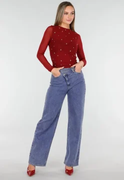 Bordeauxrode Mesh Top met Studs
