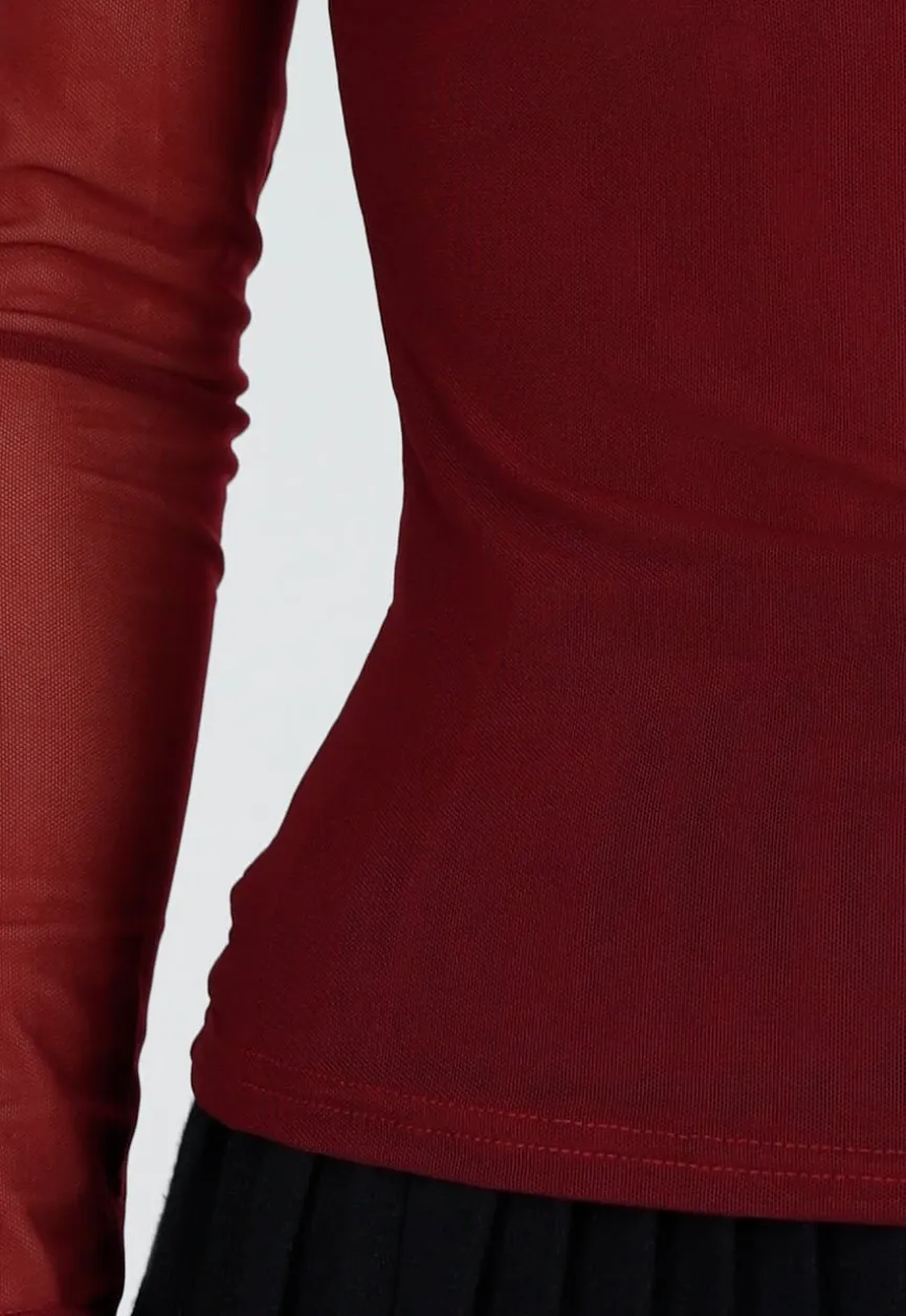 Bordeauxrode Mesh Top met Vierkante Halslijn