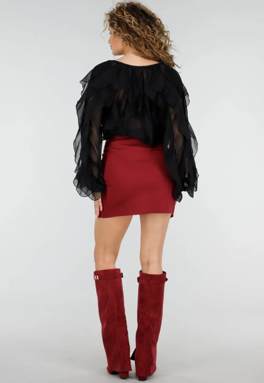 Bordeaux Rode Mini Rok met Overslag en Stretch