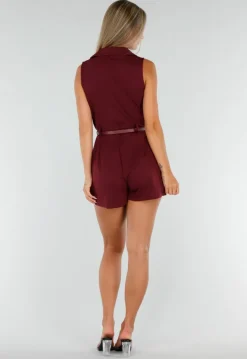 Bordeauxrode Mouwloze Playsuit met Revers, Riem, Blinde Rits en Stretch