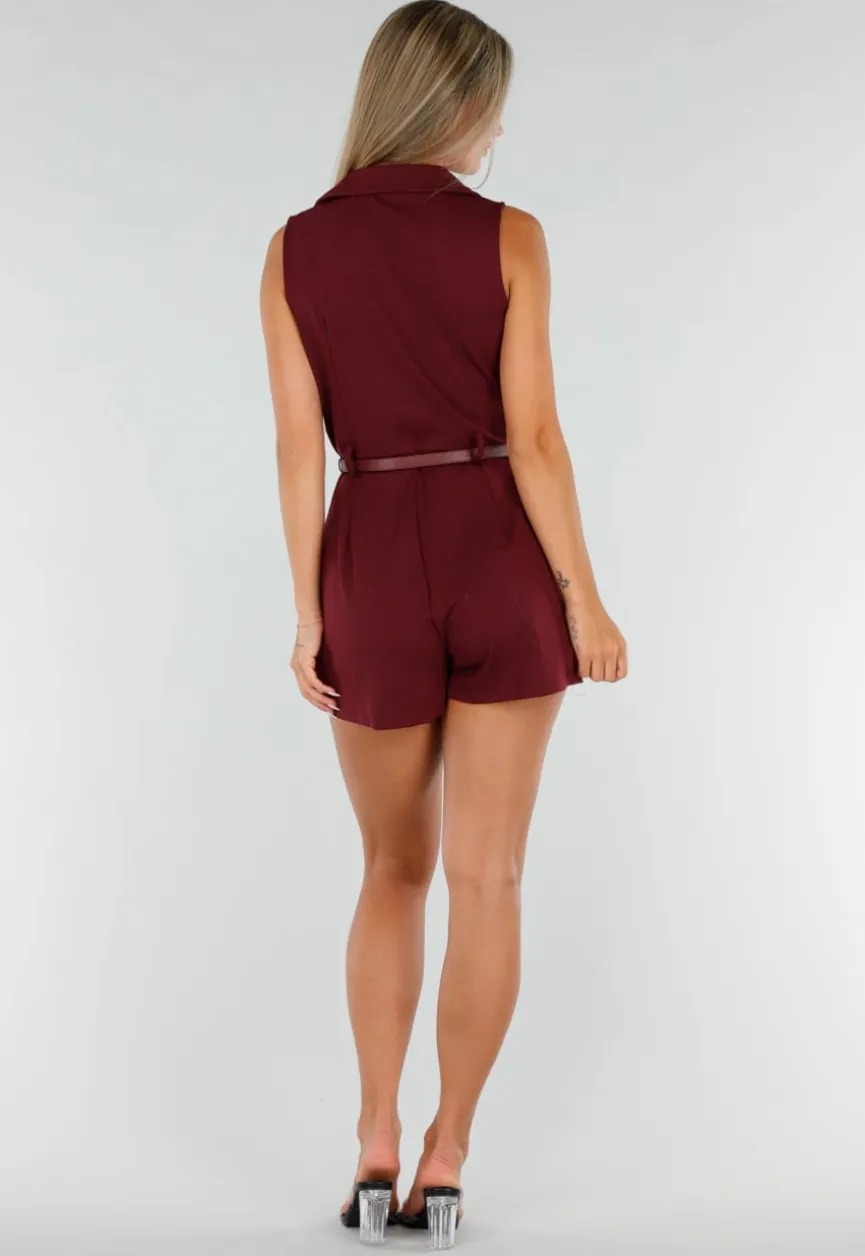 Bordeauxrode Mouwloze Playsuit met Revers, Riem, Blinde Rits en Stretch