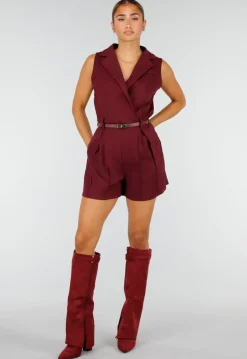 Bordeauxrode Mouwloze Playsuit met Revers, Riem, Blinde Rits en Stretch