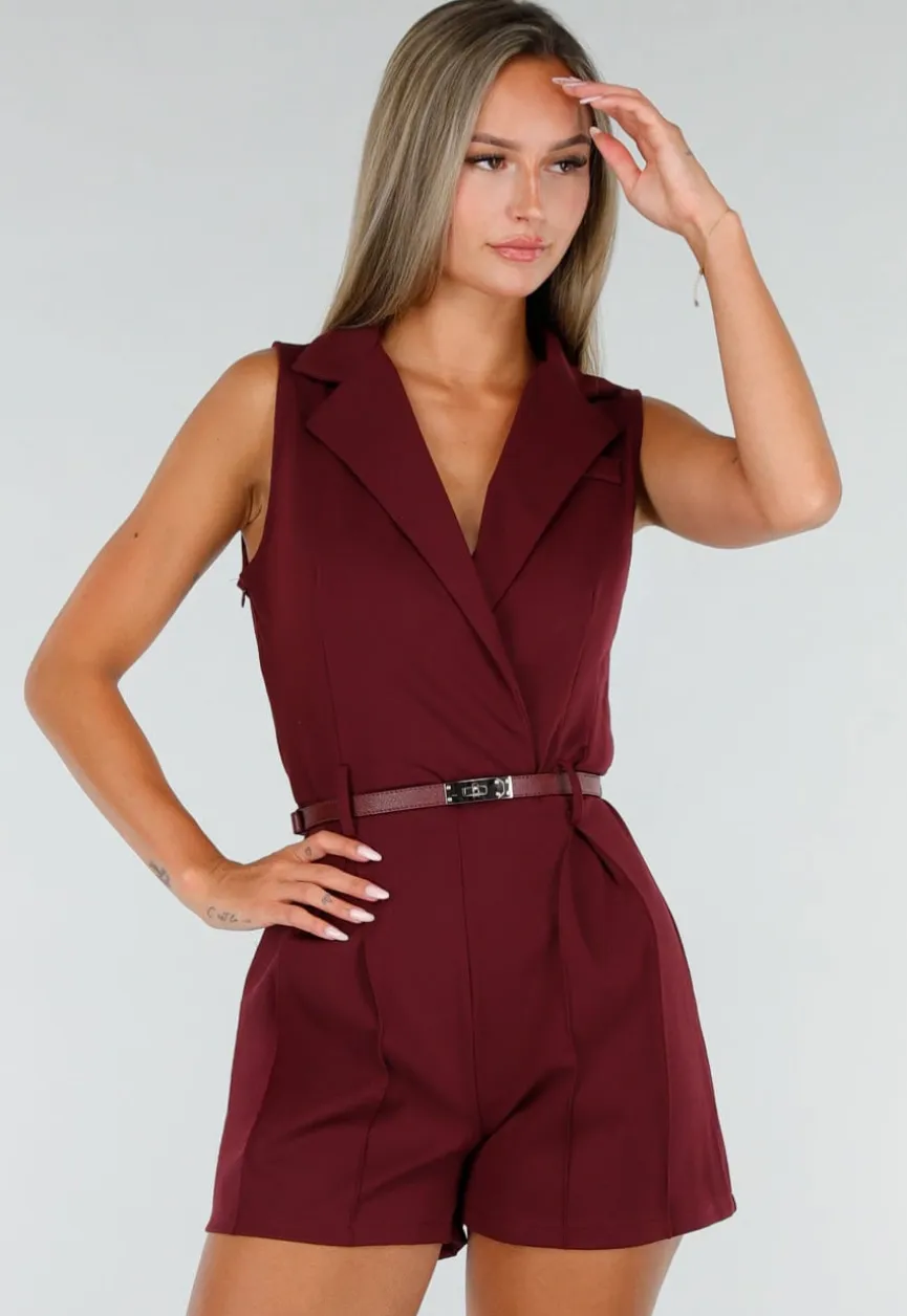 Bordeauxrode Mouwloze Playsuit met Revers, Riem, Blinde Rits en Stretch