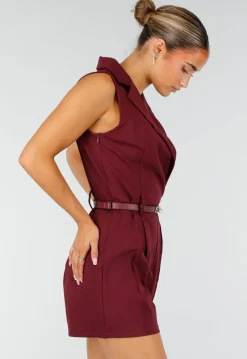 Bordeauxrode Mouwloze Playsuit met Revers, Riem, Blinde Rits en Stretch