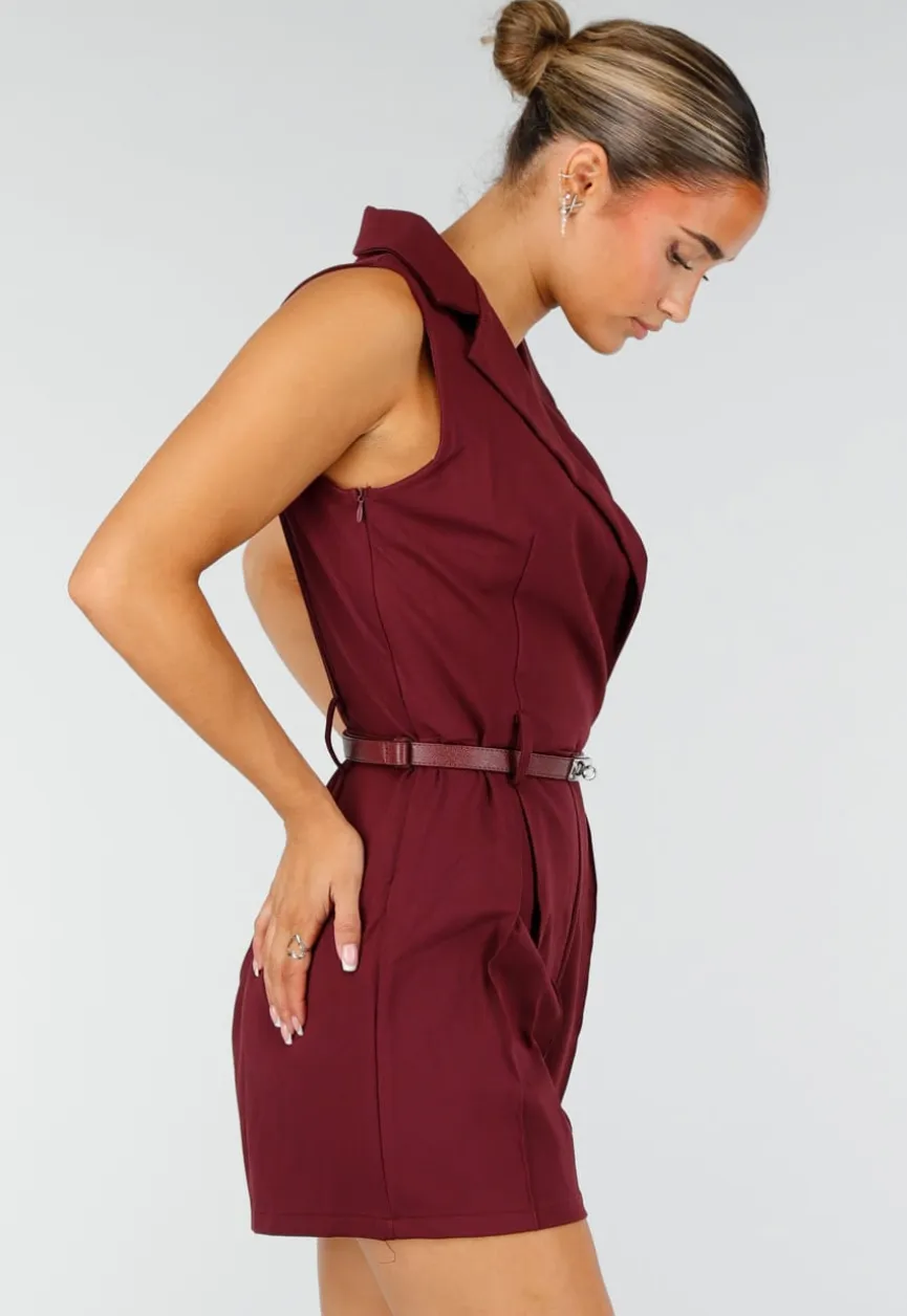 Bordeauxrode Mouwloze Playsuit met Revers, Riem, Blinde Rits en Stretch