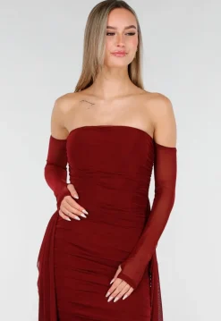 Bordeaux Rode Off Shoulder Mesh Jurk met Lange Mouwen
