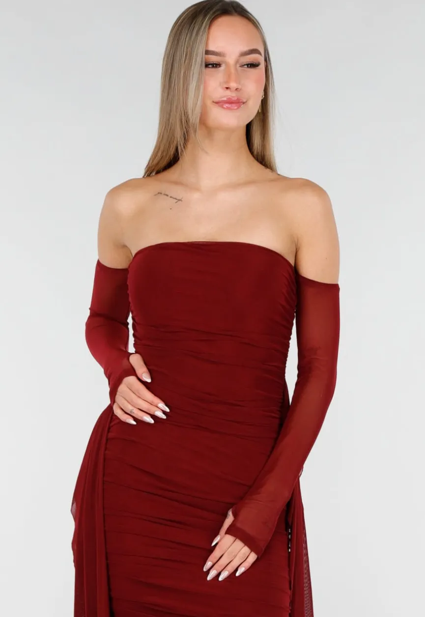 Bordeaux Rode Off Shoulder Mesh Jurk met Lange Mouwen