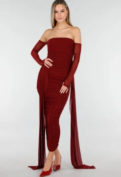 Bordeaux Rode Off Shoulder Mesh Jurk met Lange Mouwen
