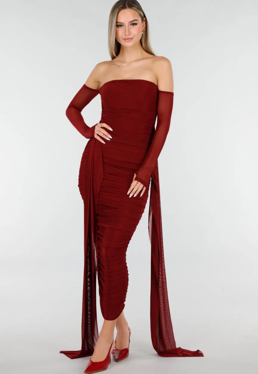 Bordeaux Rode Off Shoulder Mesh Jurk met Lange Mouwen
