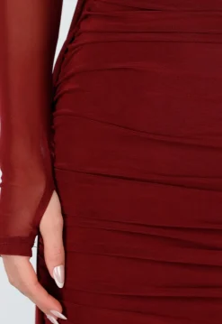 Bordeaux Rode Off Shoulder Mesh Jurk met Lange Mouwen