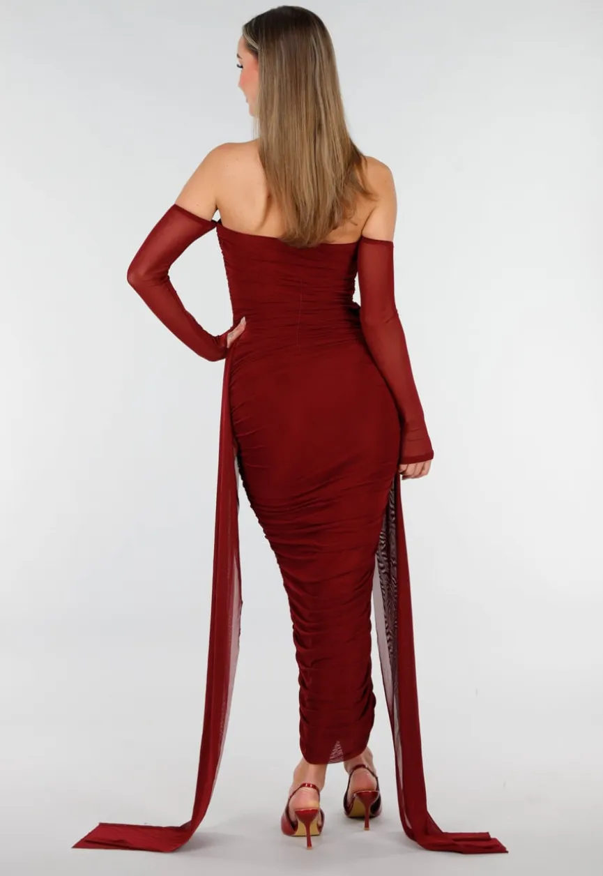 Bordeaux Rode Off Shoulder Mesh Jurk met Lange Mouwen