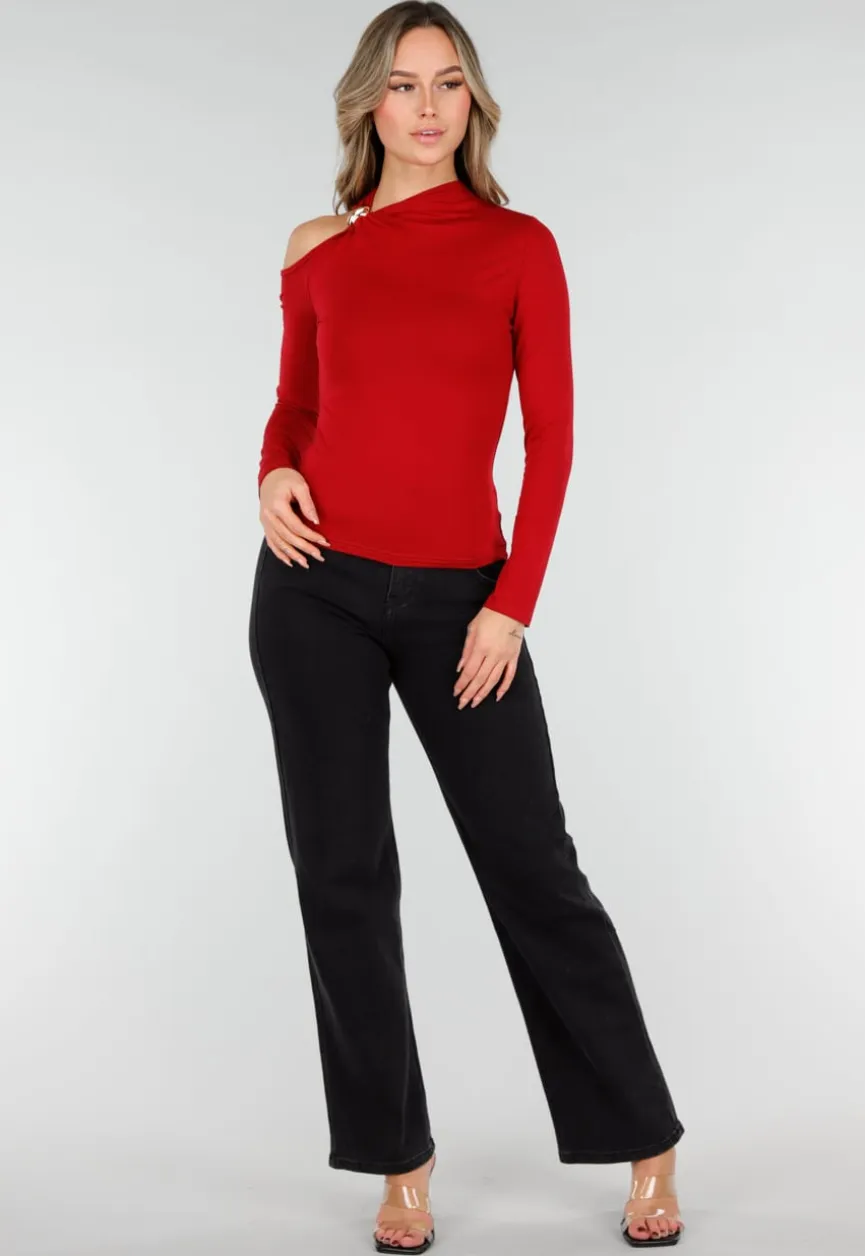 Bordeauxrode One Shoulder Top met Lange Mouwen