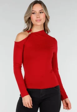 Bordeauxrode One Shoulder Top met Lange Mouwen