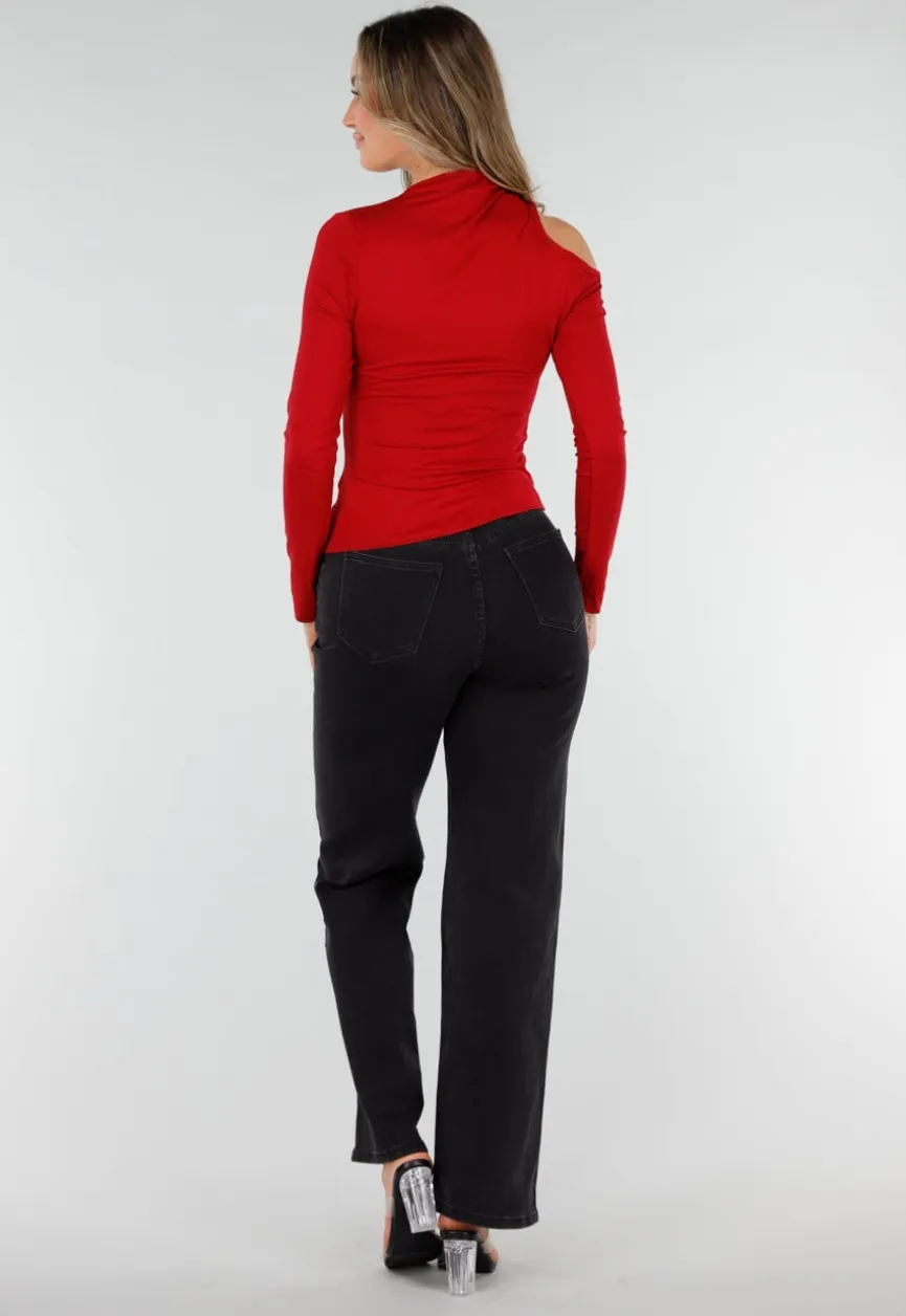 Bordeauxrode One Shoulder Top met Lange Mouwen