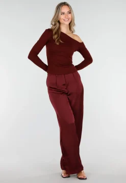 Bordeauxrode One Shoulder Top met Lange Mouwen