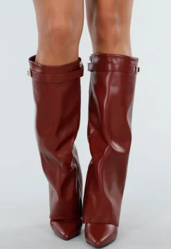 Bordeaux Rode Overlap Laarzen met Puntneus in Leatherlook
