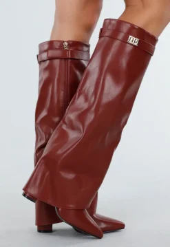 Bordeaux Rode Overlap Laarzen met Puntneus in Leatherlook