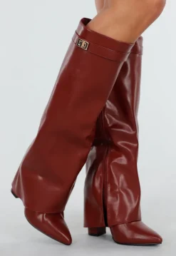 Bordeaux Rode Overlap Laarzen met Puntneus in Leatherlook