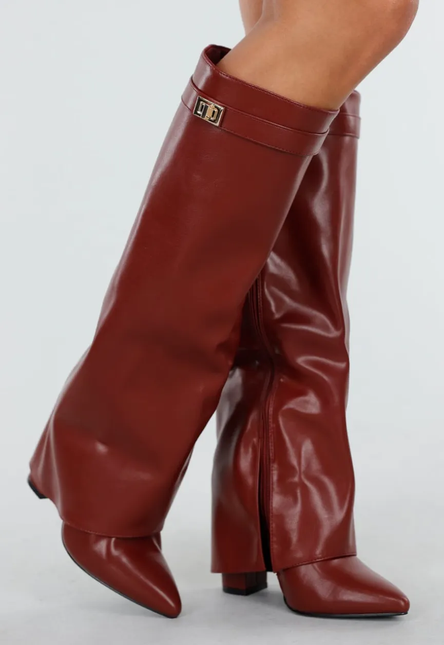 Bordeaux Rode Overlap Laarzen met Puntneus in Leatherlook