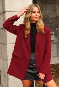 Bordeauxrode Oversized Blazer met Knoopsluiting en Reverskraag