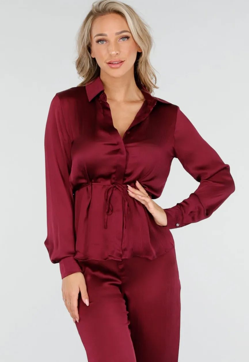 Bordeauxrode Satijnlook Set Met Blouse en Wide Leg Broek