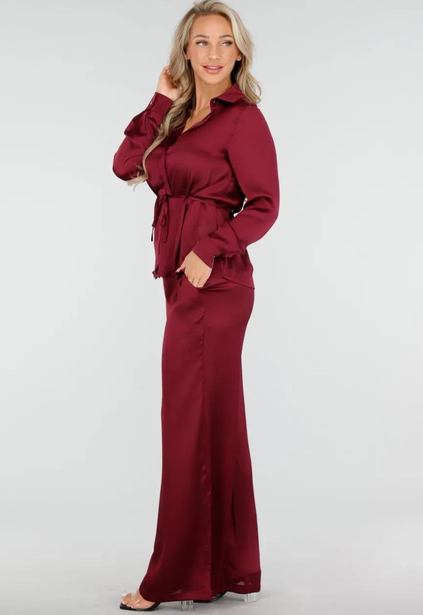 Bordeauxrode Satijnlook Set Met Blouse en Wide Leg Broek