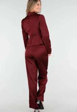 Bordeauxrode Satijnlook Wide Leg Broek met Hoge Taille