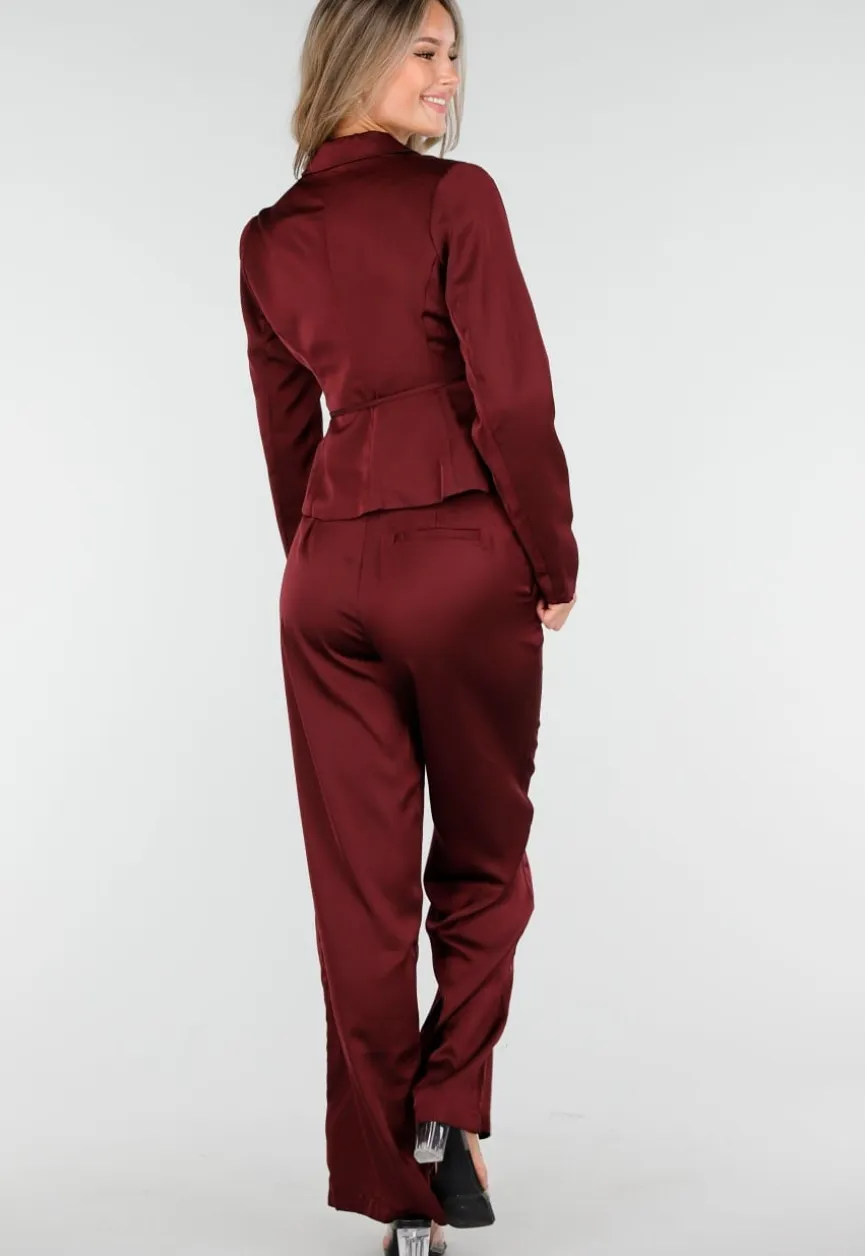 Bordeauxrode Satijnlook Wide Leg Broek met Hoge Taille
