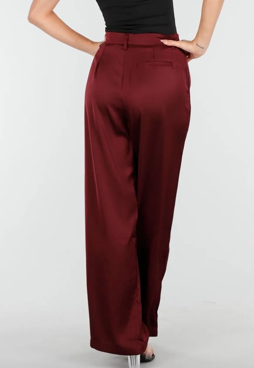 Bordeauxrode Satijnlook Wide Leg Broek met Hoge Taille