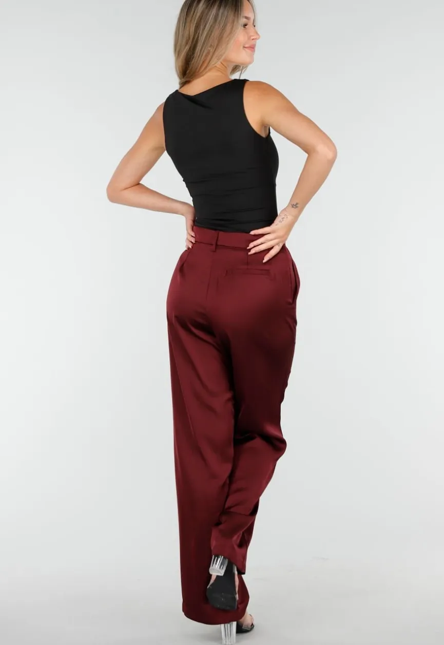 Bordeauxrode Satijnlook Wide Leg Broek met Hoge Taille