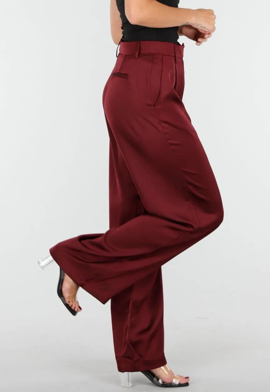 Bordeauxrode Satijnlook Wide Leg Broek met Hoge Taille