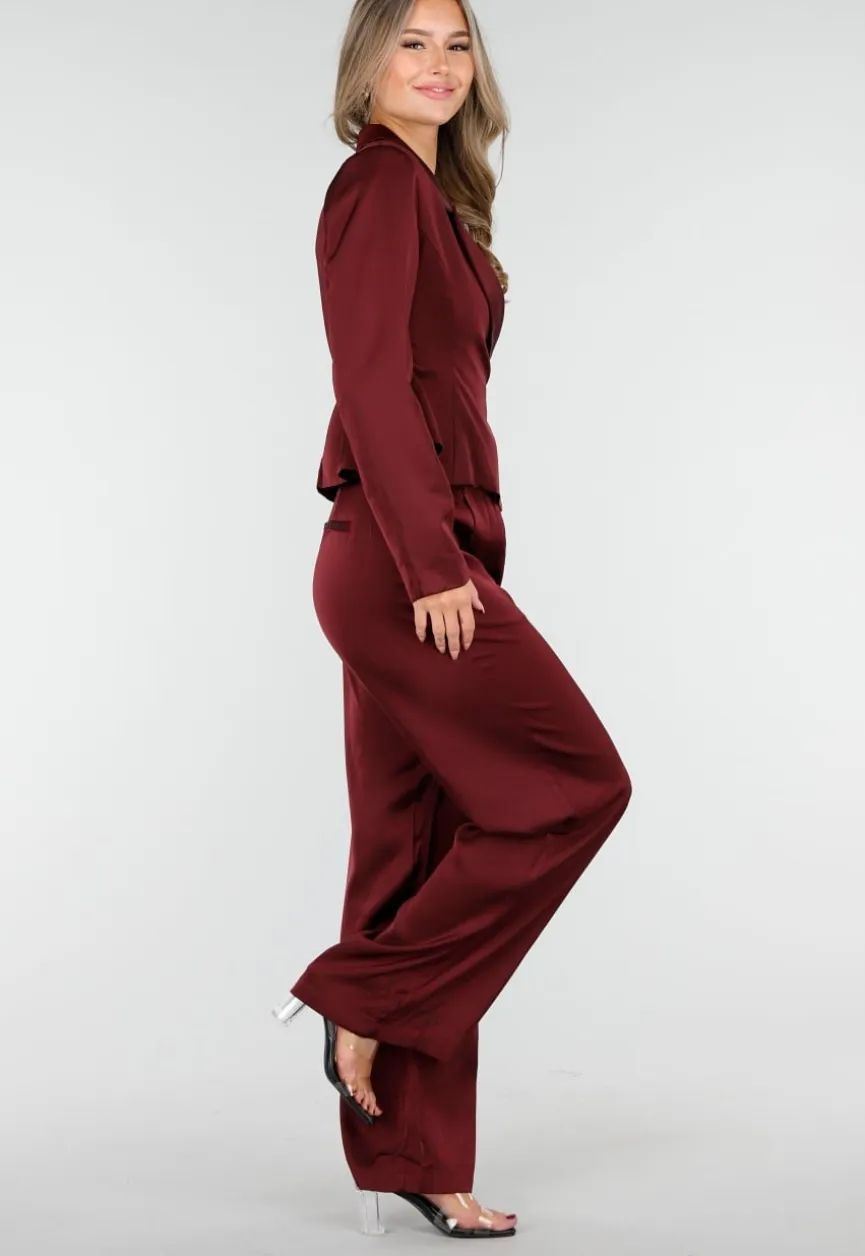 Bordeauxrode Satijnlook Wide Leg Broek met Hoge Taille