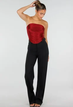 Bordeauxrode Strapless Fringe Top met Stretch