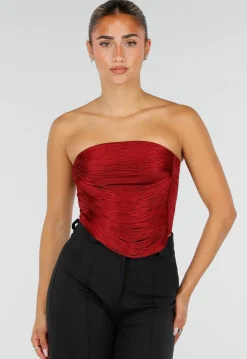 Bordeauxrode Strapless Fringe Top met Stretch