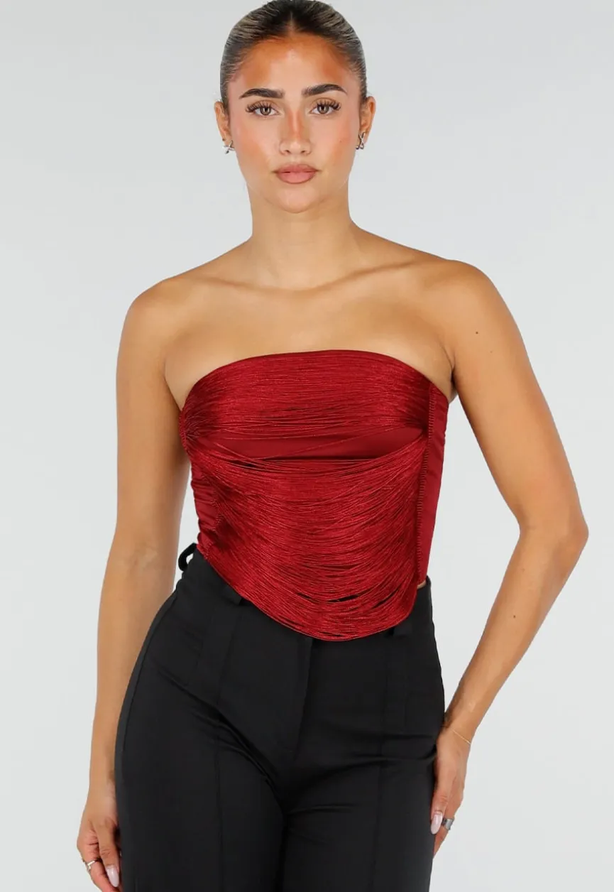 Bordeauxrode Strapless Fringe Top met Stretch