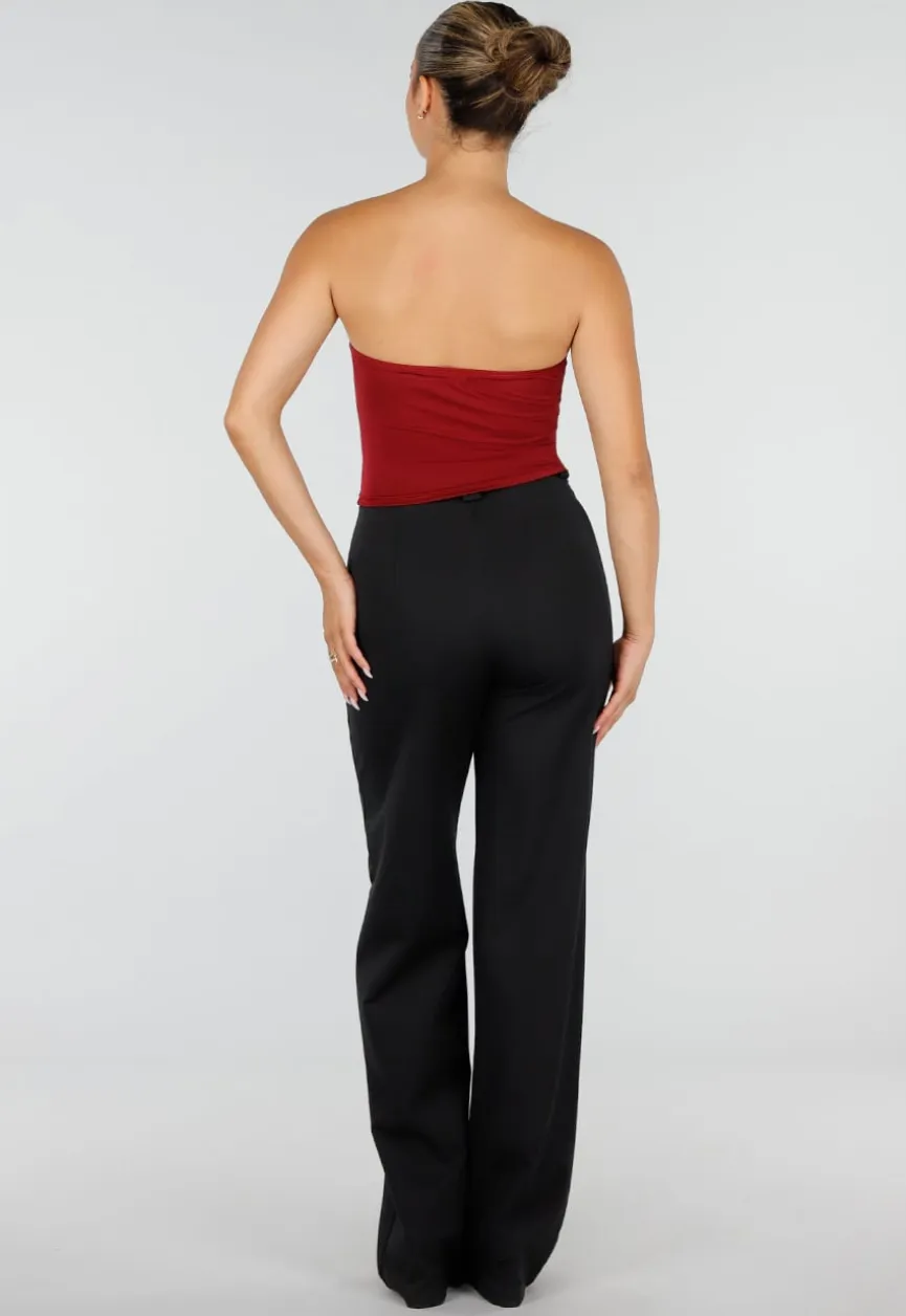 Bordeauxrode Strapless Fringe Top met Stretch