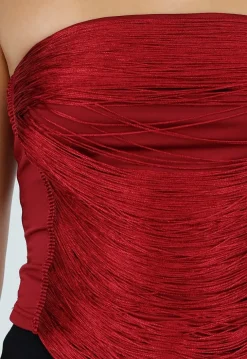 Bordeauxrode Strapless Fringe Top met Stretch