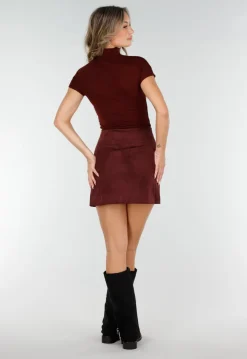 Bordeauxrode Stretch Top met Col en Korte Mouwen