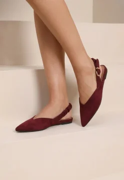 Bordeauxrode Suèdelook Slingback Ballerina's met Puntneus en Gesp
